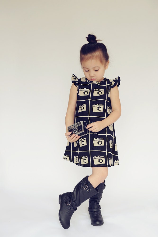2T 3T and 4T ruffled sleeve dress made with Echino Cameras by Etsuko Furuya