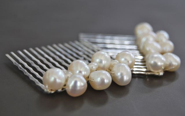 Bridal hair combs wire wrapped with creamy ivory pearls Fashion - LoveandCherish
