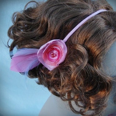Handmade fabric flower pink adorned feathers beaded center on light pink elastic headband. perfect holiday gift photography prop flapper