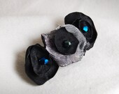 Handmade fabric flower black and silver with black shimmer swaroski swarovski crystal attached to a metal french barrette ooak