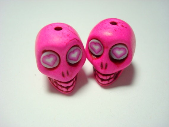 I Love Pink Howlite Hearts Sugar Skull Beads