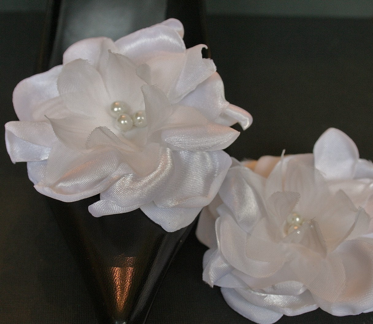 White Satin Shoe Clips, Flower Clips, Bridal, Wedding, Accessories, Shoe Clip, Pearl, Satin Beaded Flower Shoe Clips