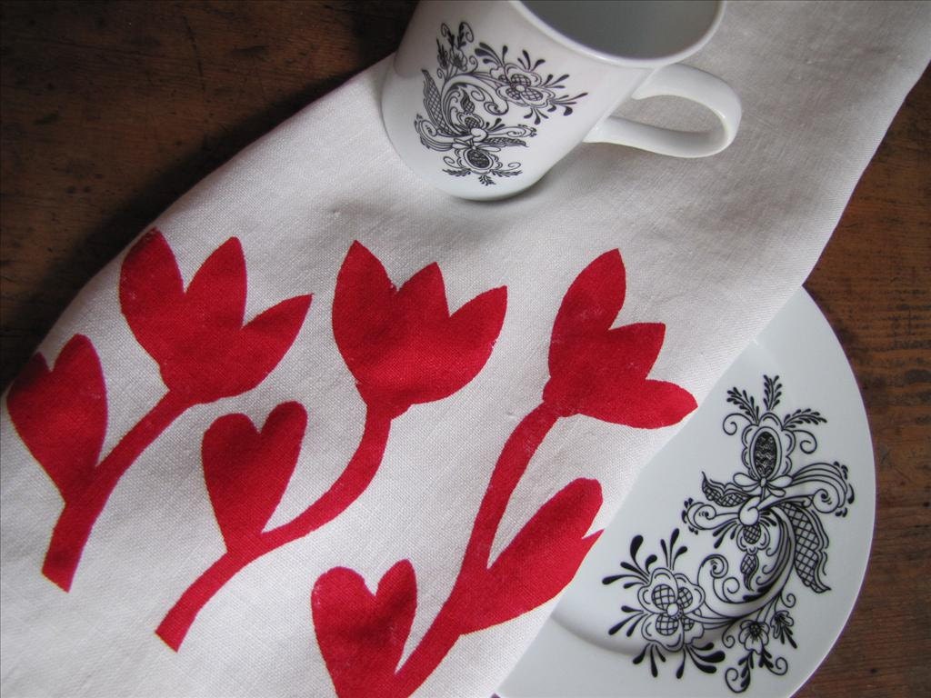 Organic Linen RED Country Flower Kitchen Towel