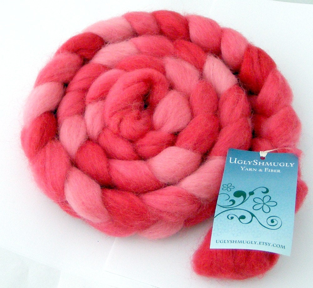 Hand Dyed Romney Wool Top--Bubblegum
