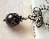 Bronze and Chocolate Brown Pearl Necklace Art Nouveau Style Vintage Inspired, Neo Victorian, Dark Brown Swarovski