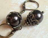 Bronze and Chocolate Brown Pearl Earrings Art Nouveau Style Vintage Inspired, Neo Victorian, Dark Brown Swarovski