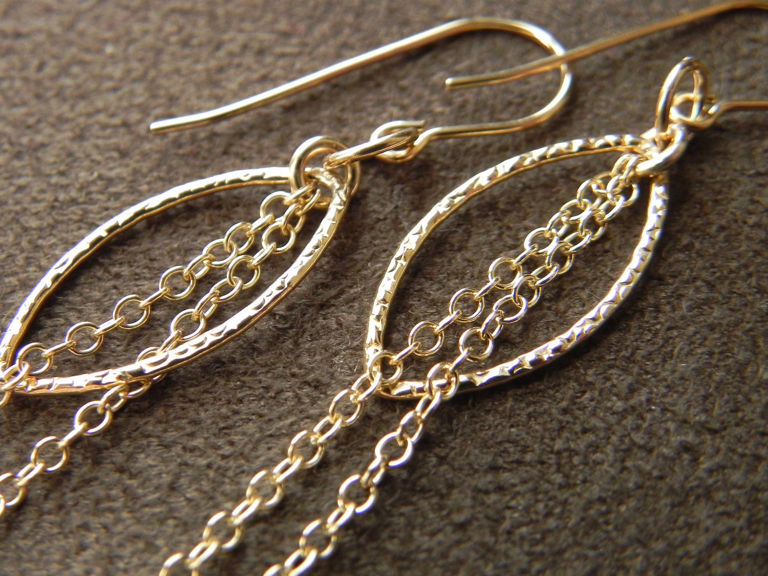 SALE  Gold Filled Hammered Marquis and Tassel Chain Statement Earrings  SALE