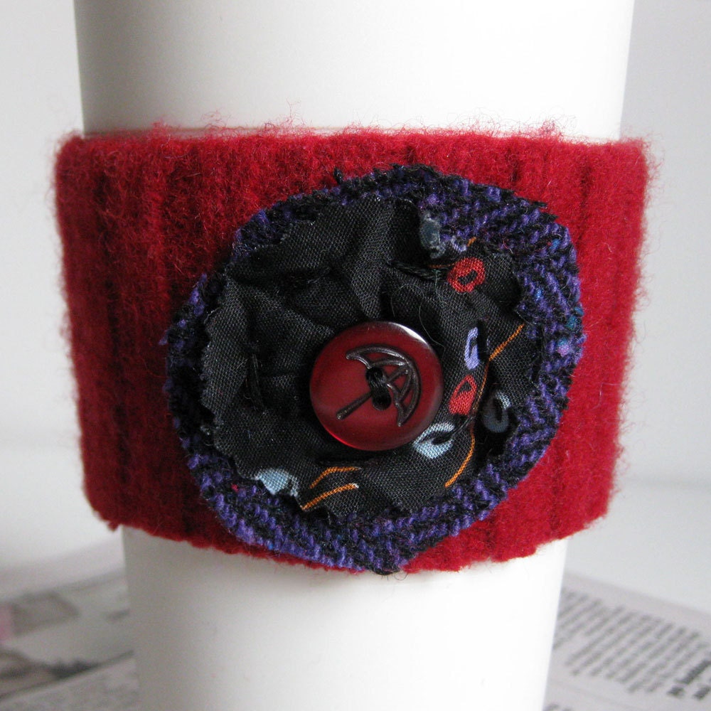 COFFEE COZY SLEEVE recycled red wool sweater by Lynn Minney Designs