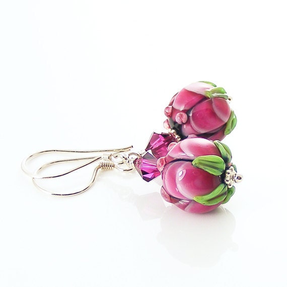 Fuchsia Pink Earrings, handcrafted in sterling silver with lampwork glass rosebud flowers - OOAK