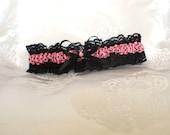 Garter - black lace and pink polkadot satin ribbon - fits 15-18 inch leg