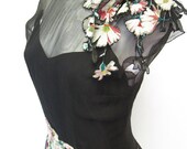 1930 1940 Vintage Black Chiffon with AMAZING Floral Design Evening Gown Couture