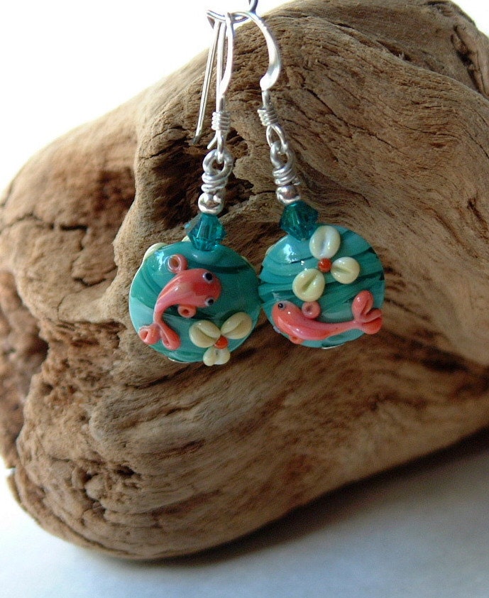 lampwork silver earrings with celadon green Koi Beads- Free Shipping Etsy- gift under 25