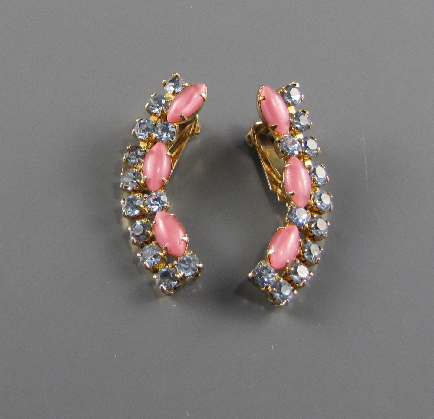 1950s Rose Moonstone and Blue Rhinestone Earrings