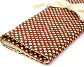 Ships Today - Knitting Needle Case Organizer - FUNKY DOTS - 30 natural pockets for all sizes, circular, straight, dpn, or paint brushes