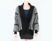 Vintage 80s Ethnic Aztec Fuzzy Oversized Sweater Coat. Shawl Neck. Batwing Sleeves. Medium (M) to Large (L)