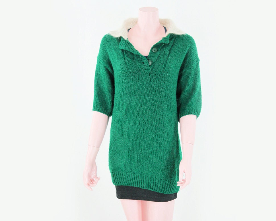 Vintage 80s Emerald Green Slouchy Sweater Tunic Dress By Alicia. Extra Small (XS) to Medium (M)