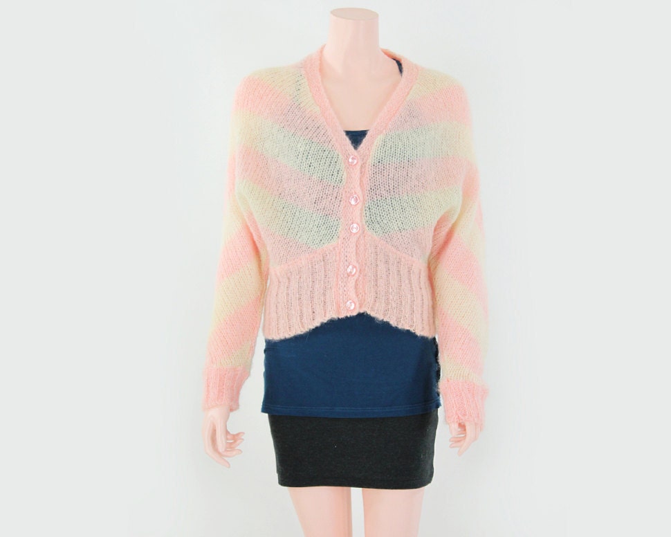 Vintage  Italian Wool / Mohair open knit Cropped Cardigan with Dolman Sleeves.