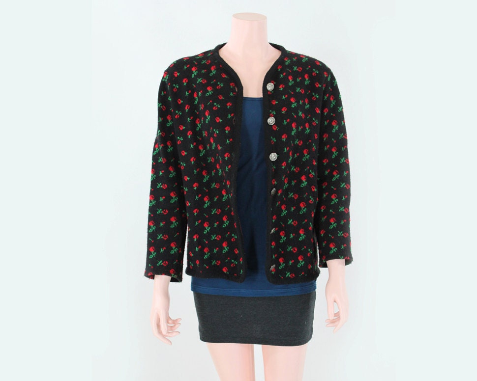 Vintage 1960s Austrian Rose Print Cardigan Sweater by Elcolan. Small (S)