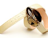 Jeweled belt buckle in brown agate and copper pearls with precious ivory python skin belt