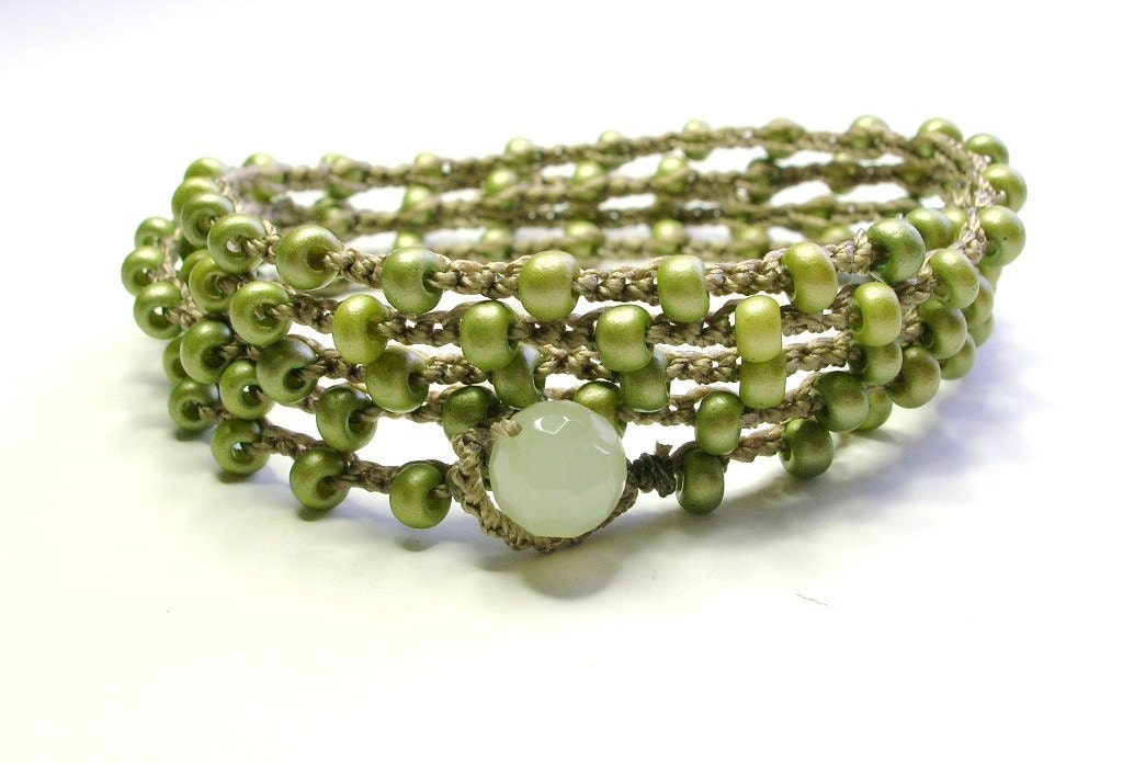 Sage green crochet wrap bracelet, Bohemian beaded jewelry, boho long necklace, surfer, beachy