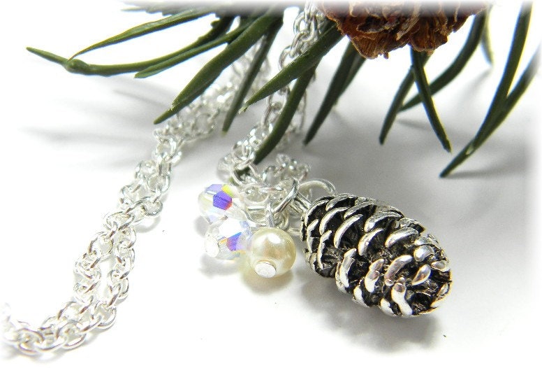 Pine Cone Necklace Silver with Swarovski Crystals and Pearl on Silver Plated Chain Winter Necklace
