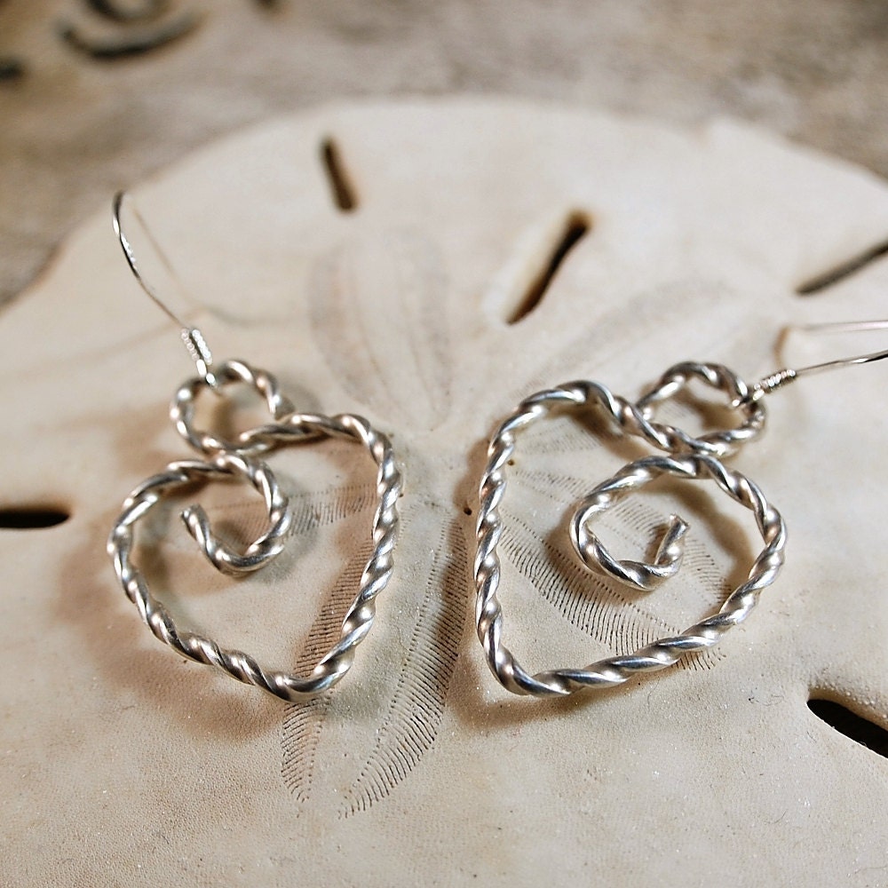 Sterling Silver Heart Earrings, Heart Shaped, Twisted Wire