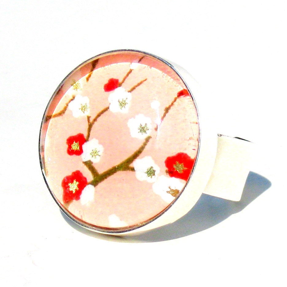 Silver Cocktail Ring. Metal and Glass Cherry Blossom Pink Adjustable Ring: Japanese Cherry Blossoms