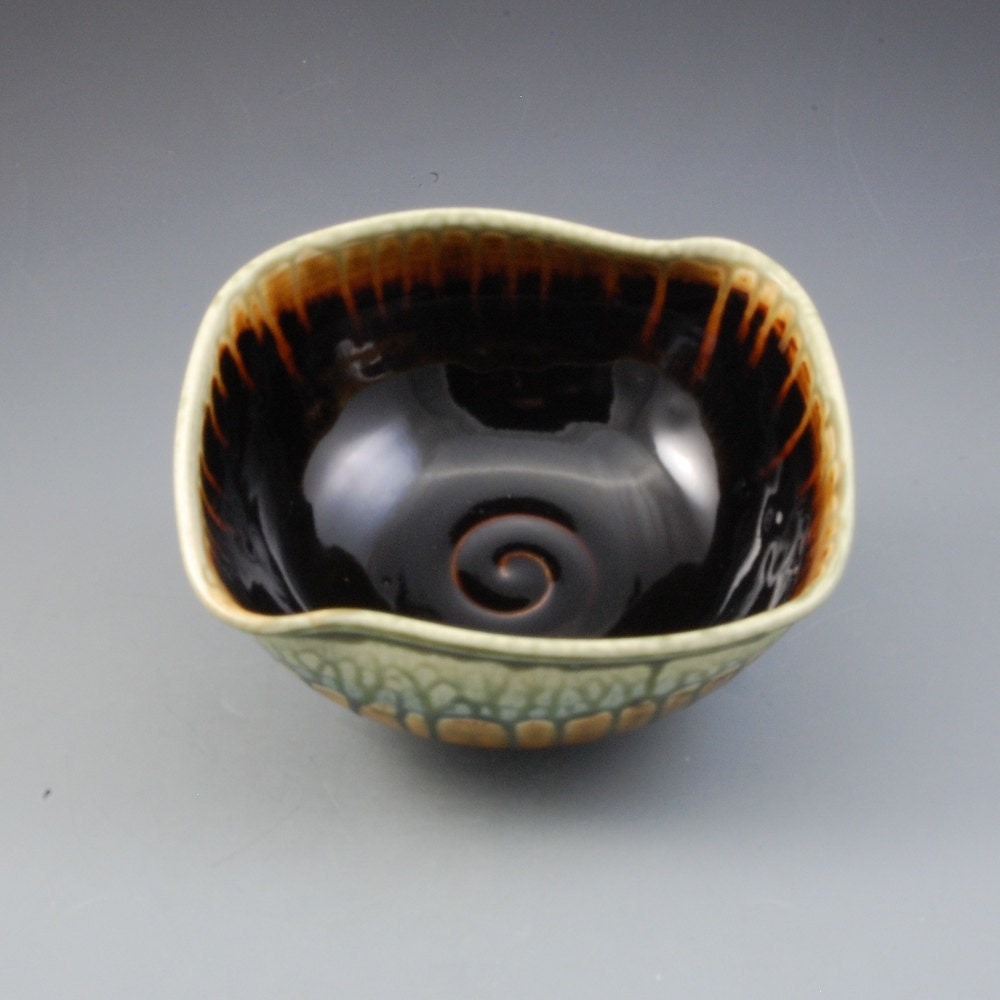Bowl  Ebony Brown Fern Amber Blue Serving Wavy Altered wheelthrown handmade porcelain stoneware pottery