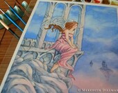 ORIGINAL Angel art watercolor painting of girl. Castles in the Sky