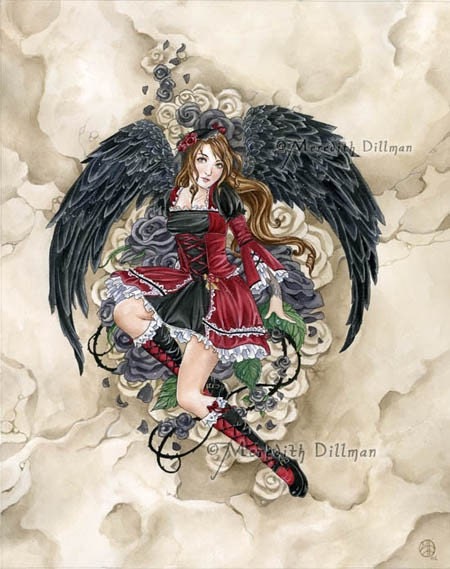Gothic Angel girl 11x14 fantasy art print. Black Rose.