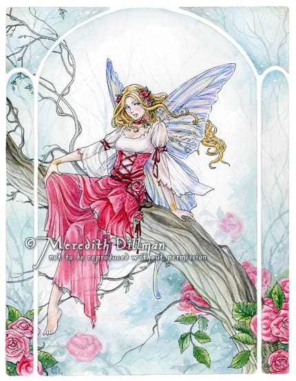 Pink Rose fairy girl art print 8x10 fantasy sweet flowers