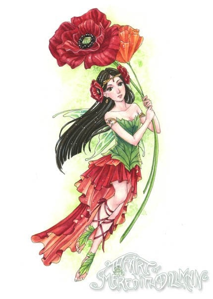 Red Flower Poppy Fairy art nouveau print 5x7 cute girl with flowers