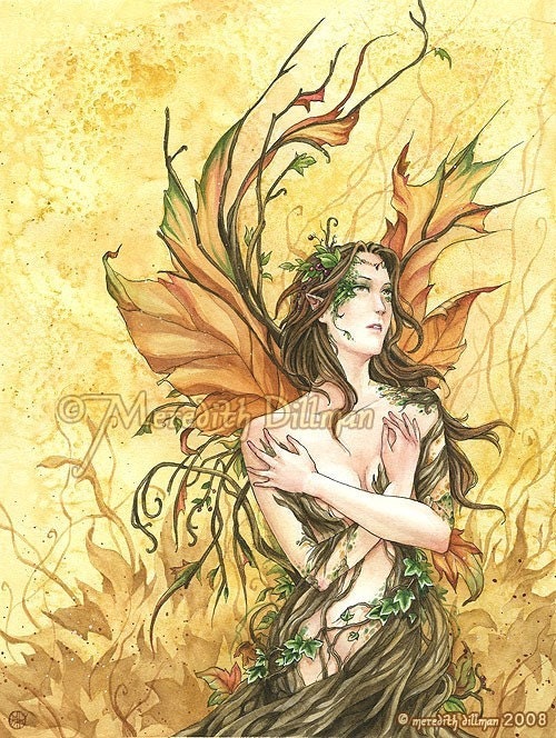 Autumn Fairy Dryad art print  - orange, yellow, golden, and green 8x10 by Meredith Dillman