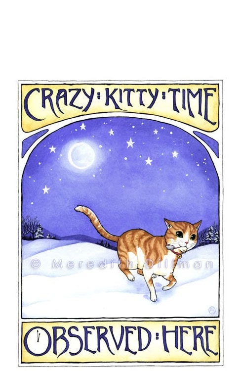Cat art print Crazy Kitty Time  5x7 giclee Craftsman style