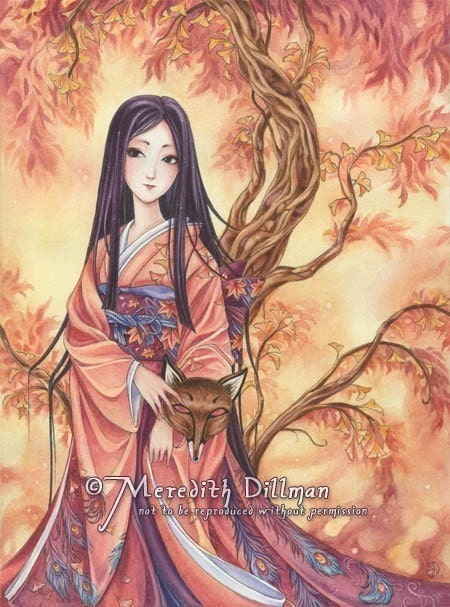 Japanese art - Kitsune fox in kimono w Ginkgo leaf art print by Meredith Dillman