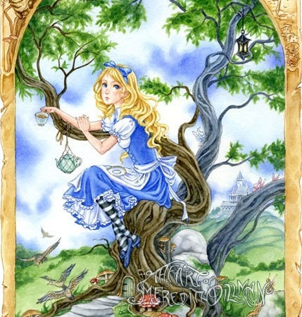 Alice in Wonderland w tea fairy tale art print 8x10 by Meredith Dillman