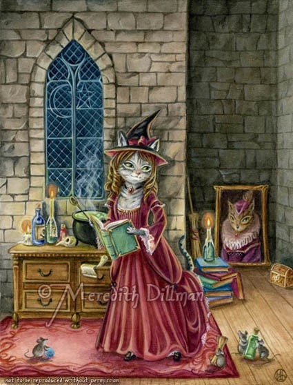Cat art print halloween witch 5x7 limited edition -  Midnight Magic