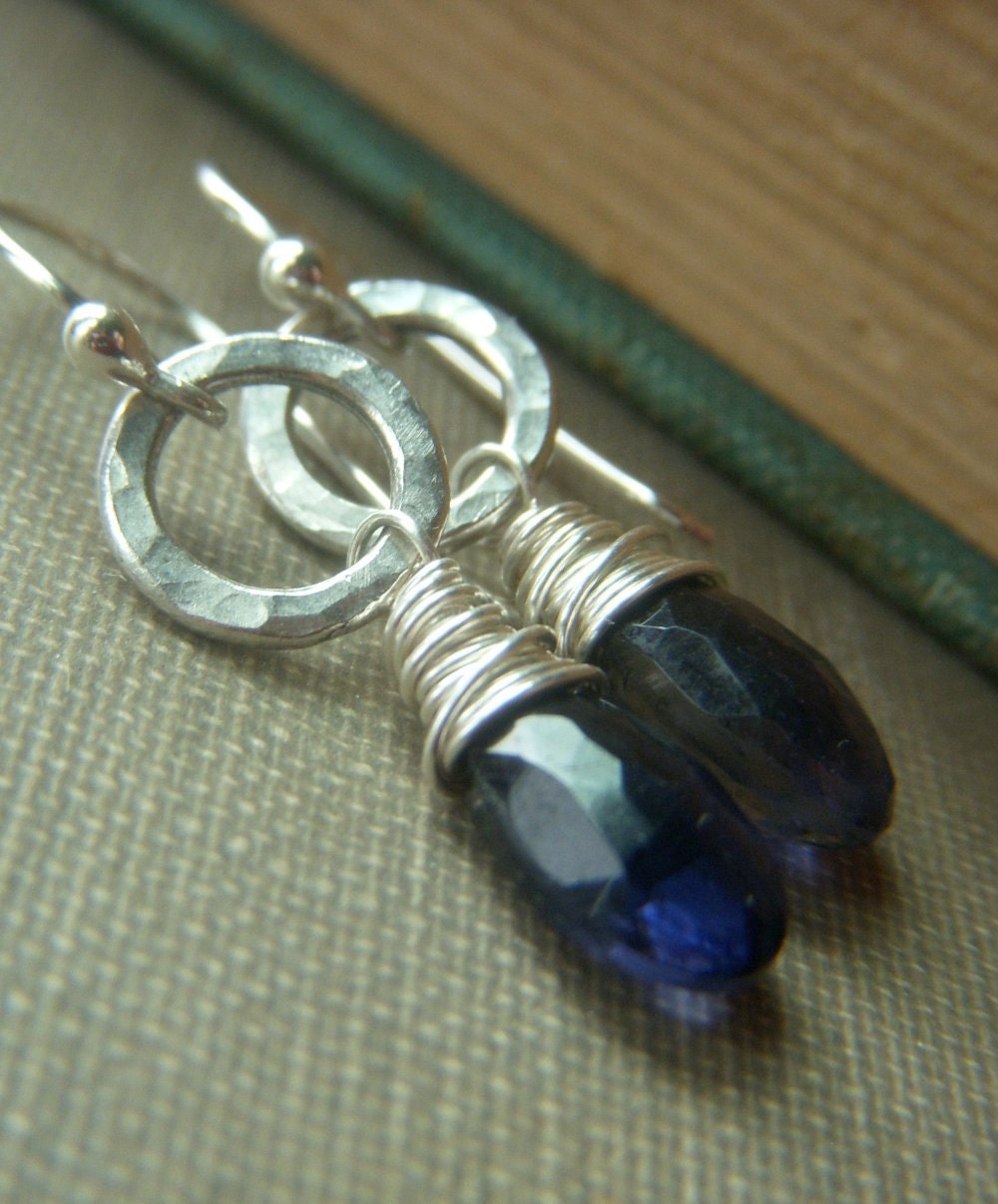Iolite Briolette Earrings on Sterling . Navy Blue Wirewrapped Gemstone . Midnight Blue