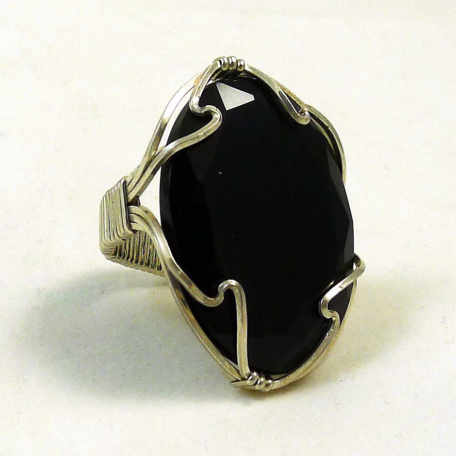 Faceted Onyx and Sterling Silver Ring