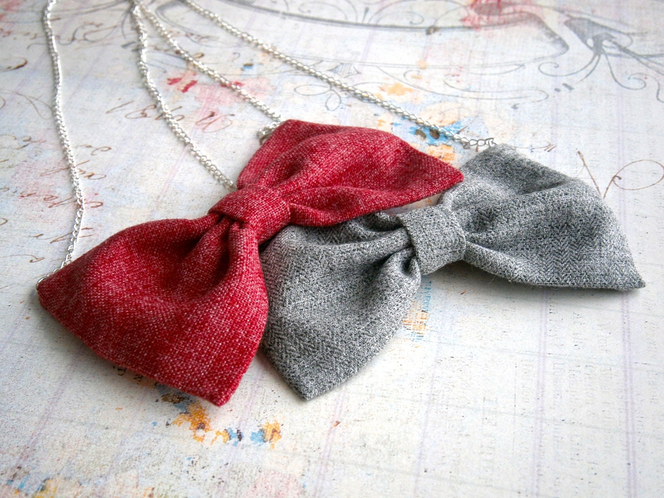 Two bow tie necklaces   fabric bow pendant with silver chain 20"  red and grey Valentine gift Valentine's day