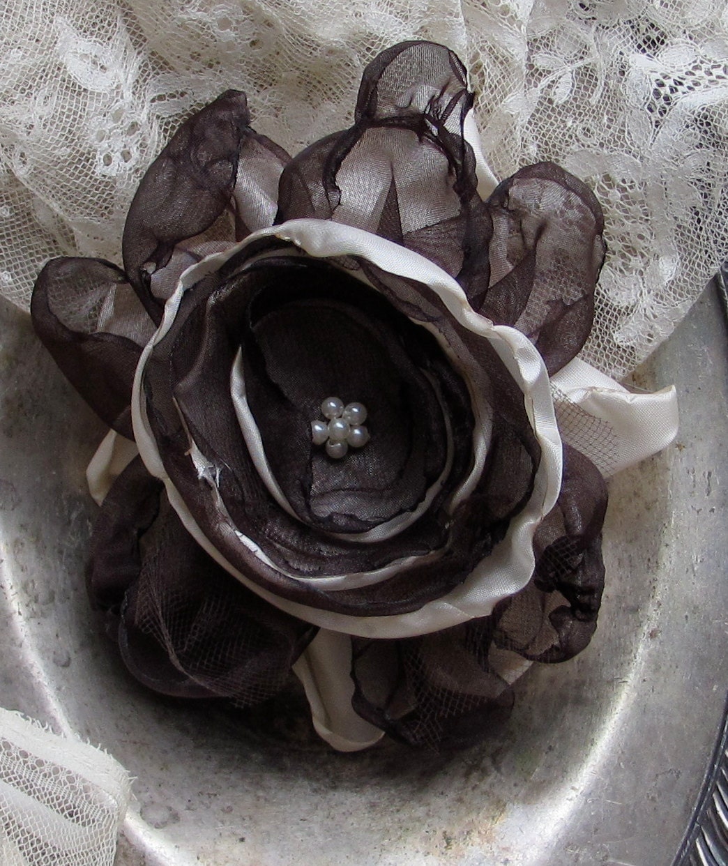 Fabric Flower Ivory and Chocolate Brown by My Broken Art on Etsy
