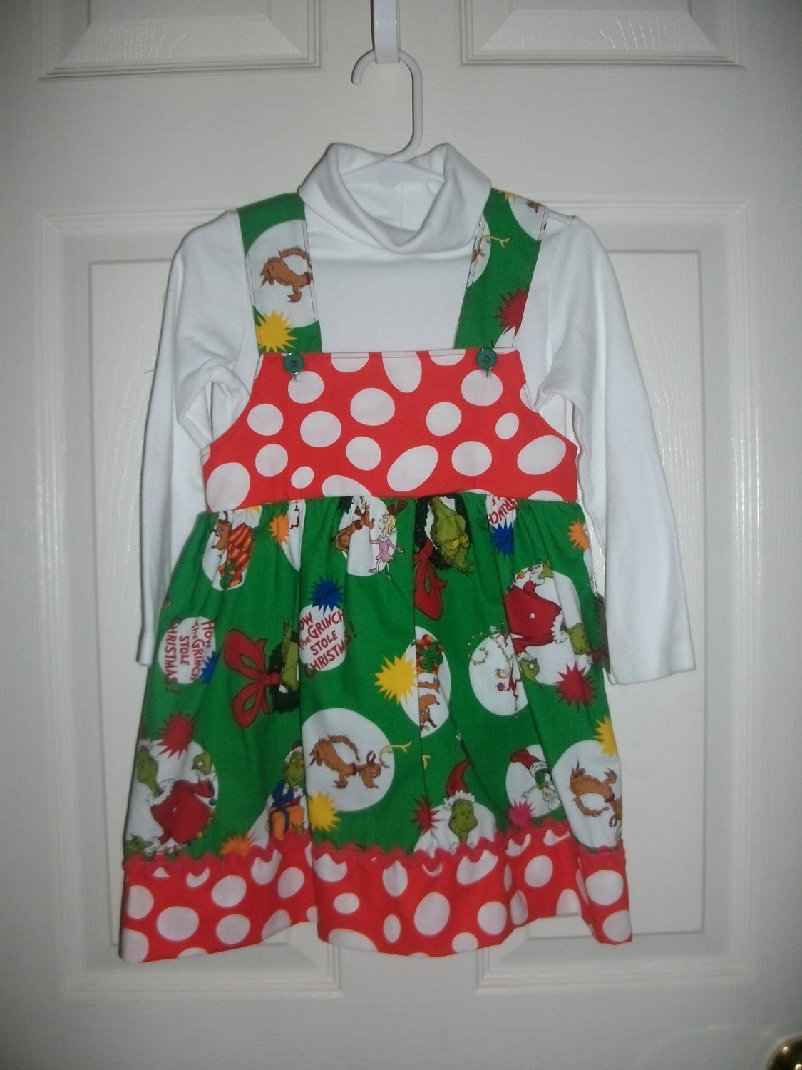 Girls Christmas Dress,How the Grinch Stole Christmas,Free Bow,Red,Green,Infant and Toddler