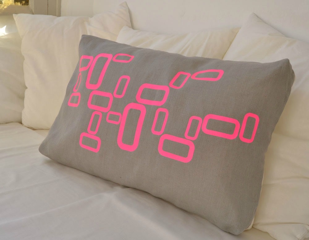 Grey linen with retro neon pink design lumbar pillow cover
