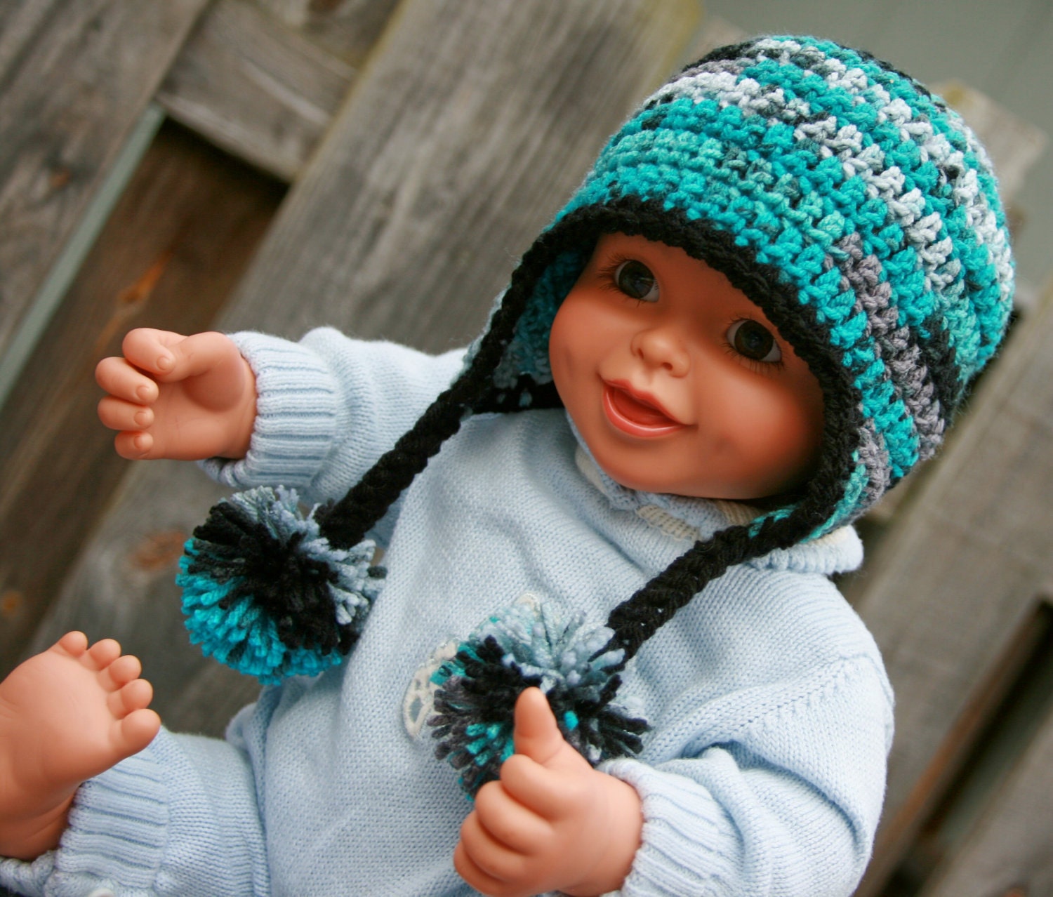 Baby Boy hat earflap pom crocheted in teal blue camo, black, and gray 0-6 months Custom available