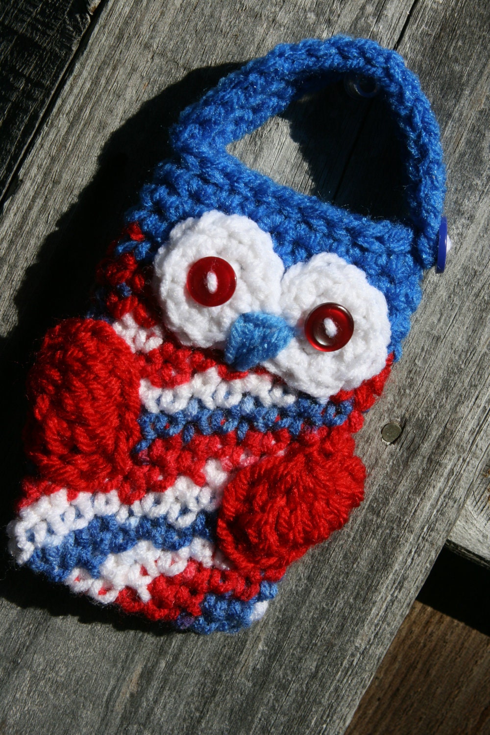 Owl Cell phone case cozy crochet in red, white and blue with red button eyes.