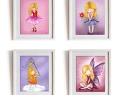 Girls room art prints posters cute illustrations ballerina angel room decor wall art - Set of 4