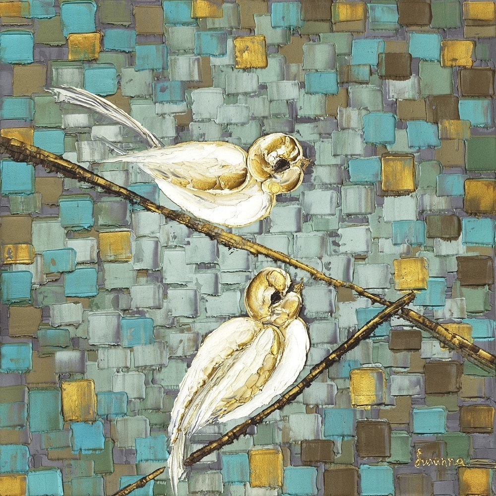 24x24 Large Modern Contemporary Fine Art PRINT- White Love Birds on Branch