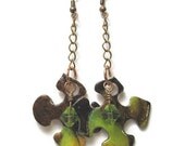 Green Beads, Copper Wire and Green Puzzle Pieces Earrings