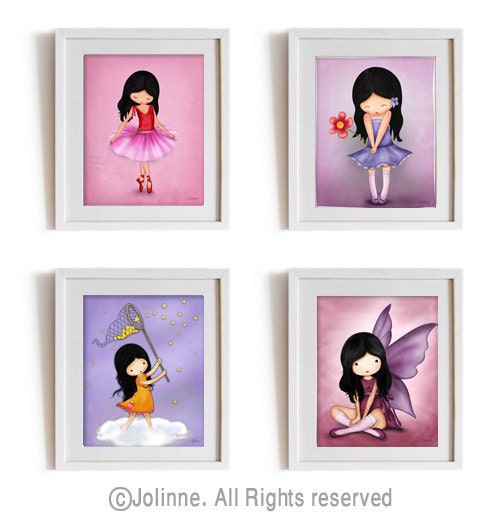 Girls nursery wall art print illustrations , kids room decor paintings , children housewares on sale , pink and purple, fairy angel