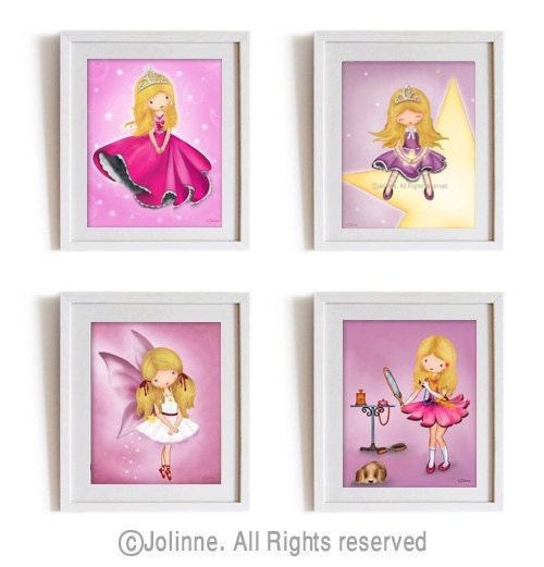 Sale, Girls room nursery art prints drawings set , princess, ballerina, children wall art,  blond hair girl reproduction illustrations